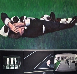 "Covered in Puppies", Surveillance #2, "Indicted", White House Press Corp Walkling Shot, #1 Oil on linen, canvas or wood panel